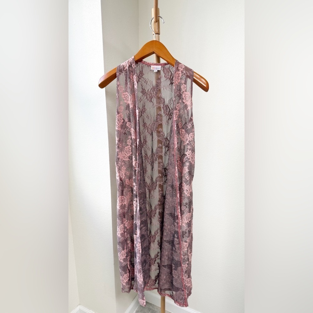 LuLaRoe Pink Floral Lace Open Long Cardigan Vest Kimono Women’s Size XS